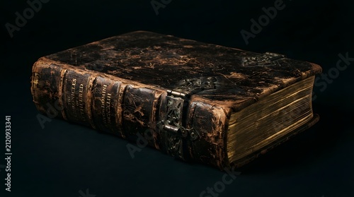Antique leather bound ancient book with golden edges on dark background