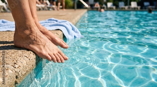 Cooling Off by the Pool: A close-up shot focuses on a person's bare feet poised at the edge of a shimmering swimming pool, with lounge chairs and other swimmers visible in the blurred background.