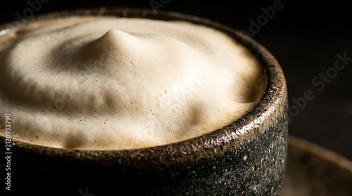 Macro view of dense coffee foam in ceramic cup.