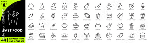 Food and Drink Line Icons Set Restaurant, Cooking, Beverage and Dining Outline Vector Collection.