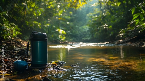 Portable water purification system set up by jungle stream with sunlight glistening on water surface. Outdoor survival gear for adventurers, hikers, campers needing clean drinking water in wilderness.
