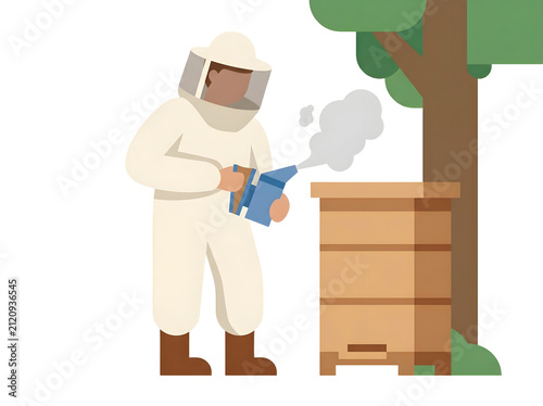 Beekeeper in Protective Suit Using Bee Smoker Near Hive Illustration