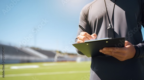Sports coach taking notes on clipboard at stadium.