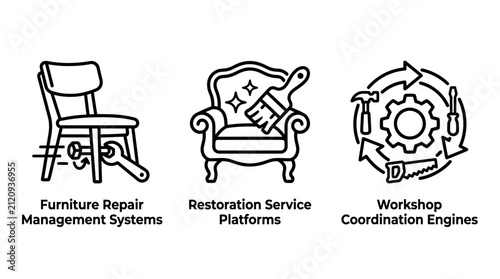 Furniture repair and restoration service process concept line icons with furniture restoration management workshop coordination screwdriver business improvement industry carpentry renovation