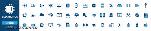 Obraz w ramie Electronics Solid Icon Set with Microchip, Smartwatch, Cloud Computing, Artificial Intelligence, Circuit Board, Mobile Device, Robot, Satellite, Data Security and Processor Icon Symbols