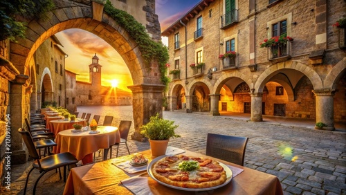 A quaint italian piazza at sunset filled with delicious pizza and drinks savored beneath ancient stone arches
