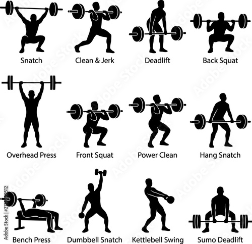 Weightlifting exercise silhouettes demonstrating strength training movements in a clean graphic style