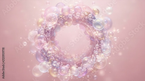 Abstract Digital Art: Layered Bubble Composition in Soft Pink Liquid Texture with Water Droplets