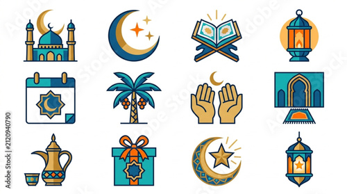 Colorful Ramadan and Eid al Fitr celebration icons set.