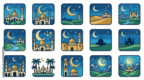 Colorful Ramadan and Eid al Fitr celebration icons set.
