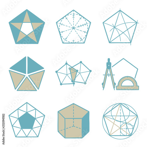 Geometric shapes and construction diagrams in teal and beige