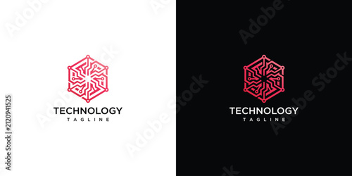 Modern Abstract Red Technology Hexagon Logo with Circuit Lines and Swirl Pattern