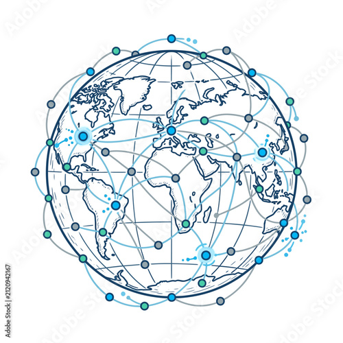 Global network connections on a world map illustration.