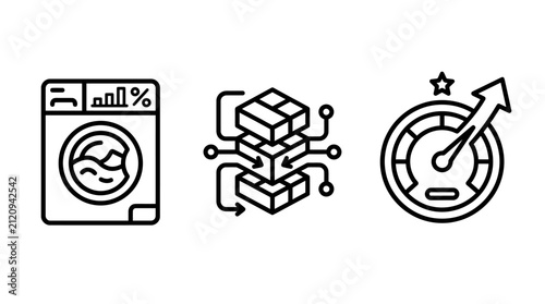 Automated laundry efficiency and analytics icons set with logistics performance automation analytics tracking efficiency inventory management optimization business technology industrial