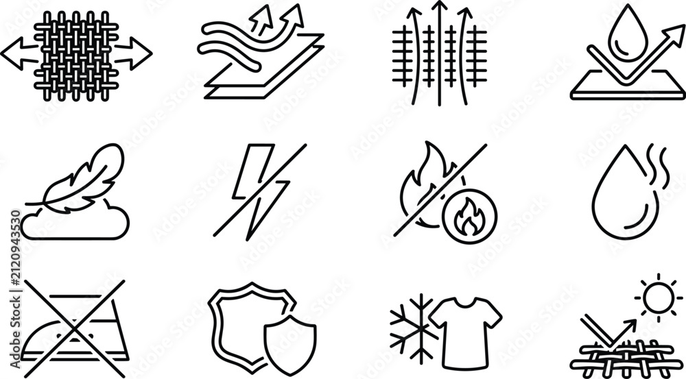 Fototapeta premium Fabric Properties and Garment Feature Line Icon Set with Breathable Waterproof Elastic Lightweight and Protective Textile Symbols for Graphic Design Projects