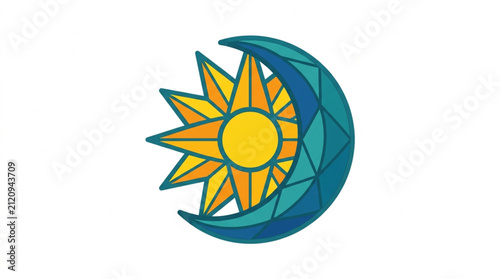 Colorful sun and crescent moon abstract design.