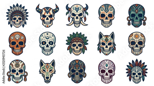 Colorful Sugar Skull and Animal Head Illustrations Collection.