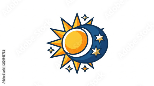 Colorful sun and moon with stars illustration.