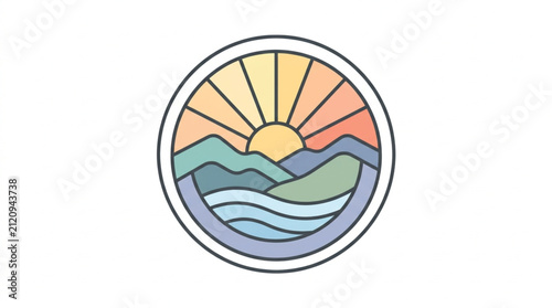 Colorful sun and ocean waves circular illustration.