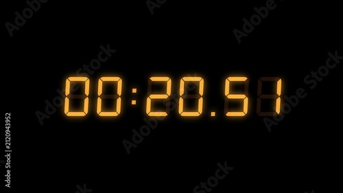6 Digits Orange Red Digital Countdown Timer Starting at 00:25:00 (25 seconds) on Black Background, Featuring High-Visibility LED Display. 4K Motion Graphics.