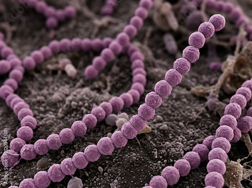 Photorealistic electron microscopy style visualization of Streptococcus bacteria displaying elongated chains of spherical cocci with realistic bacterial membrane texture scientifically accurate microb