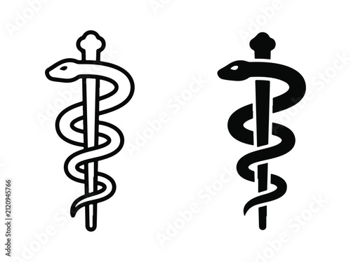 Medical Symbol Caduceus Serpent Staff Black White Icon for Healthcare