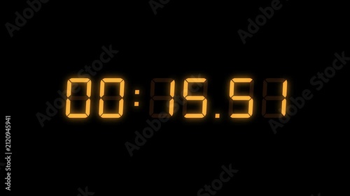 6 Digits Orange Red Digital Countdown Timer Starting at 00:20:00 (20 seconds) on Black Background, Featuring High-Visibility LED Display. 4K Motion Graphics.