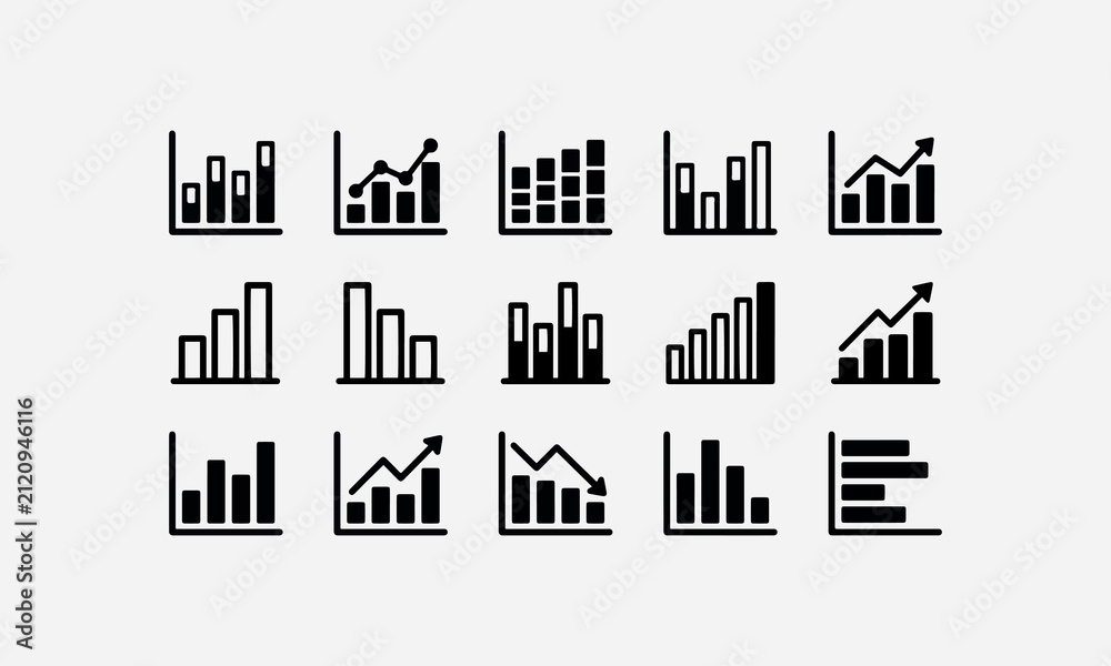 Obraz premium Collection of various black bar graph icons on white background