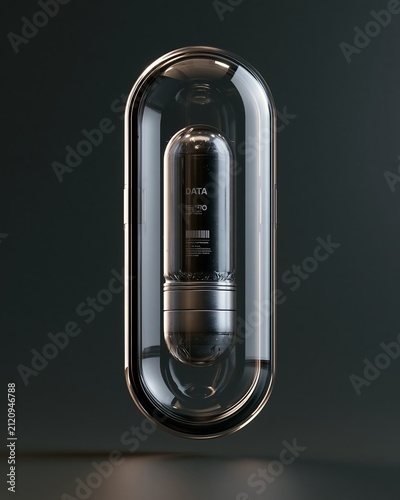 Futuristic metallic data storage capsule encased in a transparent glass cylinder on dark