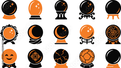Foto Set of magical crystal ball icons for halloween design featuring mystical sphere