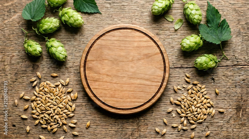 Beer ingredients with hops and malted barley around wooden coaster, ingredients