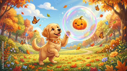 Whimsical vector illustration of a playful Golden Retriever puppy reaching for a floating soap bubble in an autumn park—featuring an adorable puppy wearing an orange patterned bandana pawing at a larg