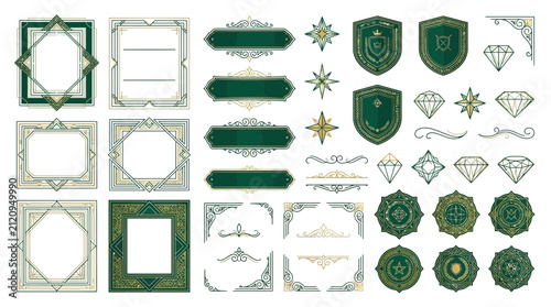 Elegant green and gold ornate frames, crests, diamonds, and borders