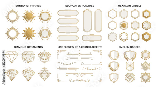 Golden Geometric Frames, Labels, and Ornaments: Sunburst, Hexagon, Diamond