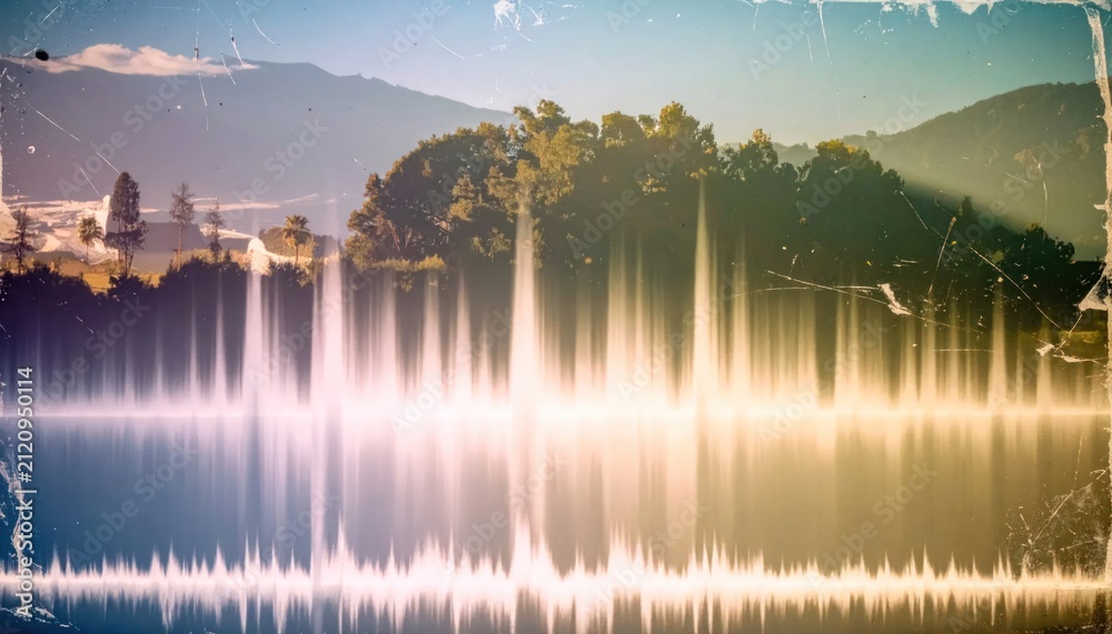 Fototapeta premium Audio soundwave graphic overlay on rural hill landscape.