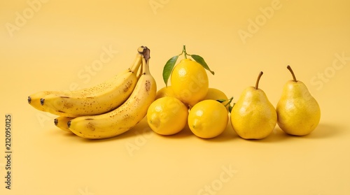 3.	Fresh bananas, bright lemons, and yellow pears displayed together on a smooth yellow monochrome background, premium studio lighting, photorealistic food photography