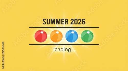 Minimalistic Summer 2026 Graphic Design with Colorful Beach loading message sun