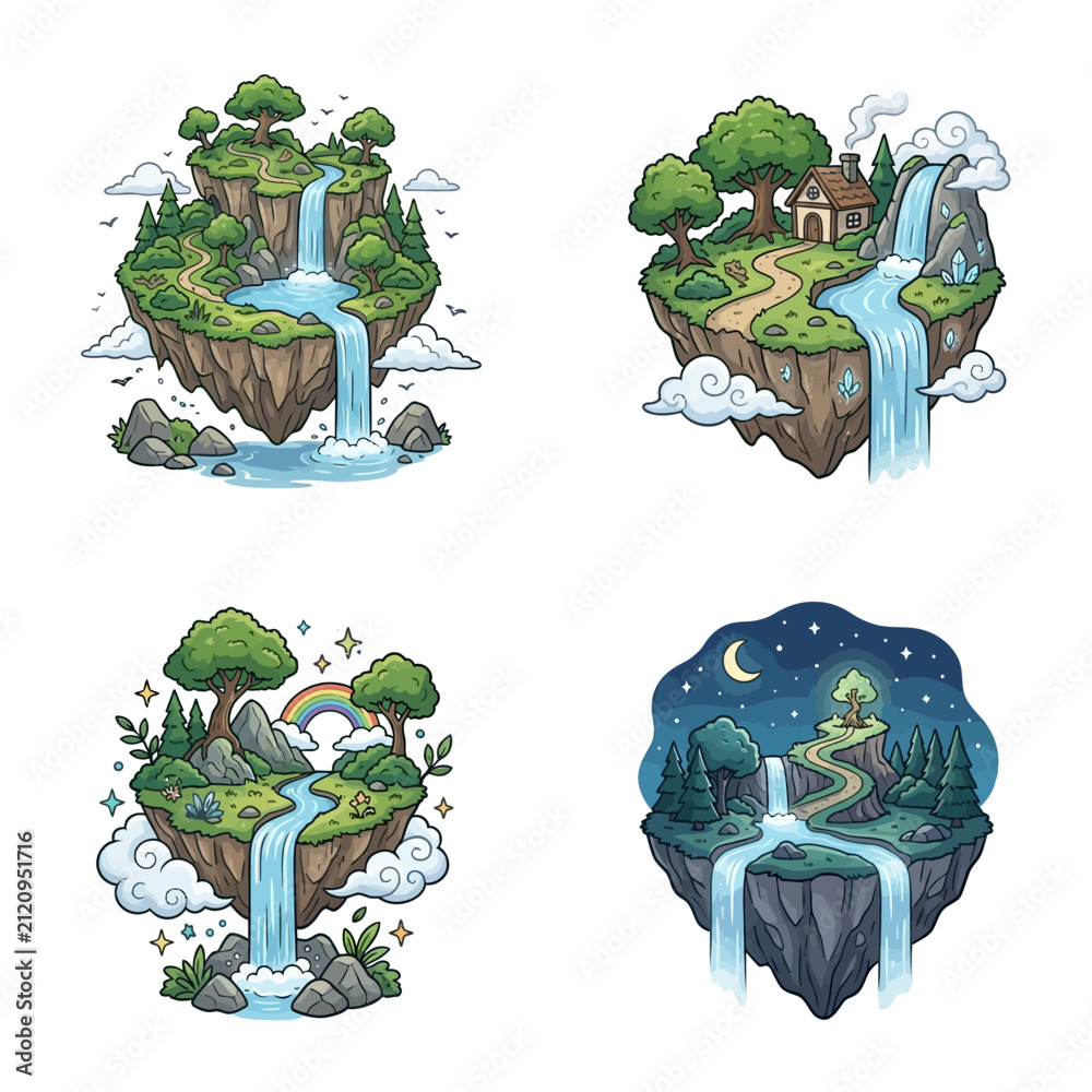 Obraz premium Floating islands with waterfalls trees and houses in different times of day