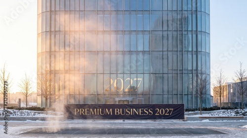 Skyscraper facade reflects the morning sun with a sign announcing premium business prospects for the year 2027.
