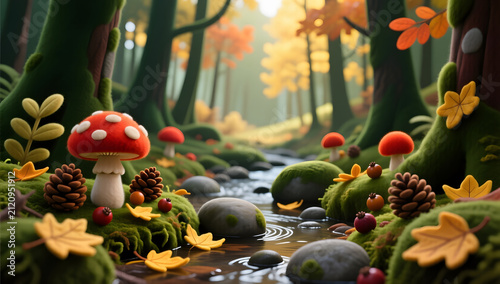 Golden autumn forest mushrooms felt illustration