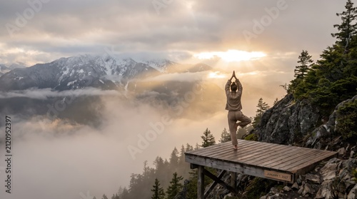 Woman performs yoga on a wooden platform overlooking misty mountains during a peaceful golden hour sunrise in nature.