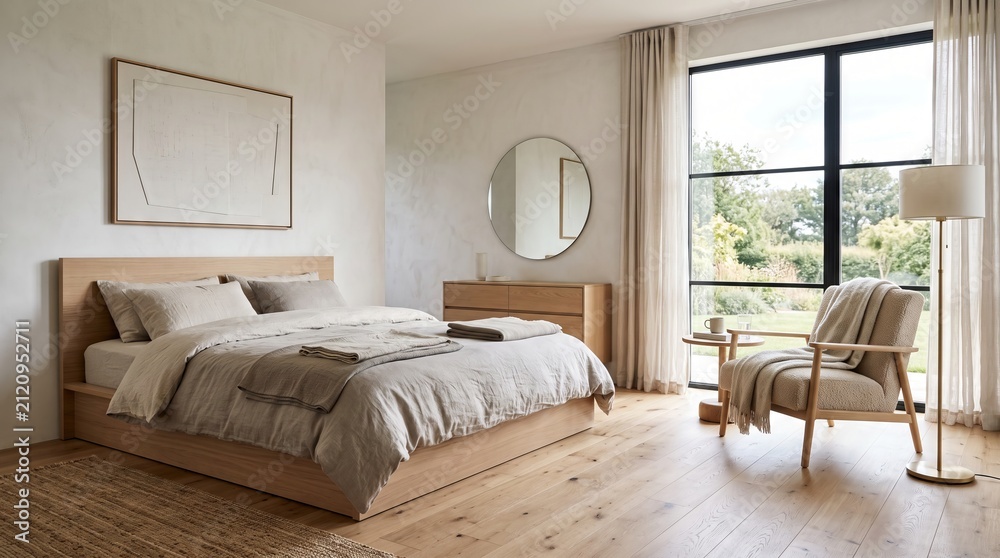 Fototapeta premium Chic minimalist bedroom design featuring ample natural light and inviting decor elements