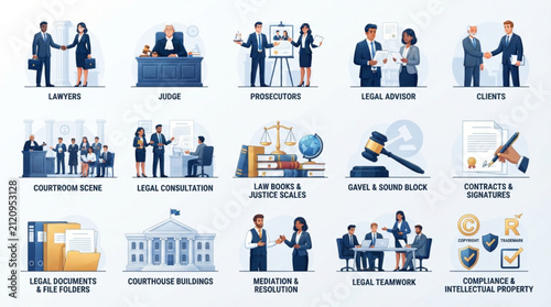 Collection of Professional Legal Services Icons Depicting Judicial Procedures and Jurisprudence Concepts for Justice Systems