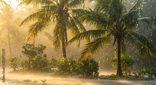 降り注ぐ夕陽のような暖かな黄金色の光が熱帯の森を照らし激しい雨が降る中ヤシの木々が幻想的に浮かび上がる光景水面に煌めく雨粒が美しい. AI Generated