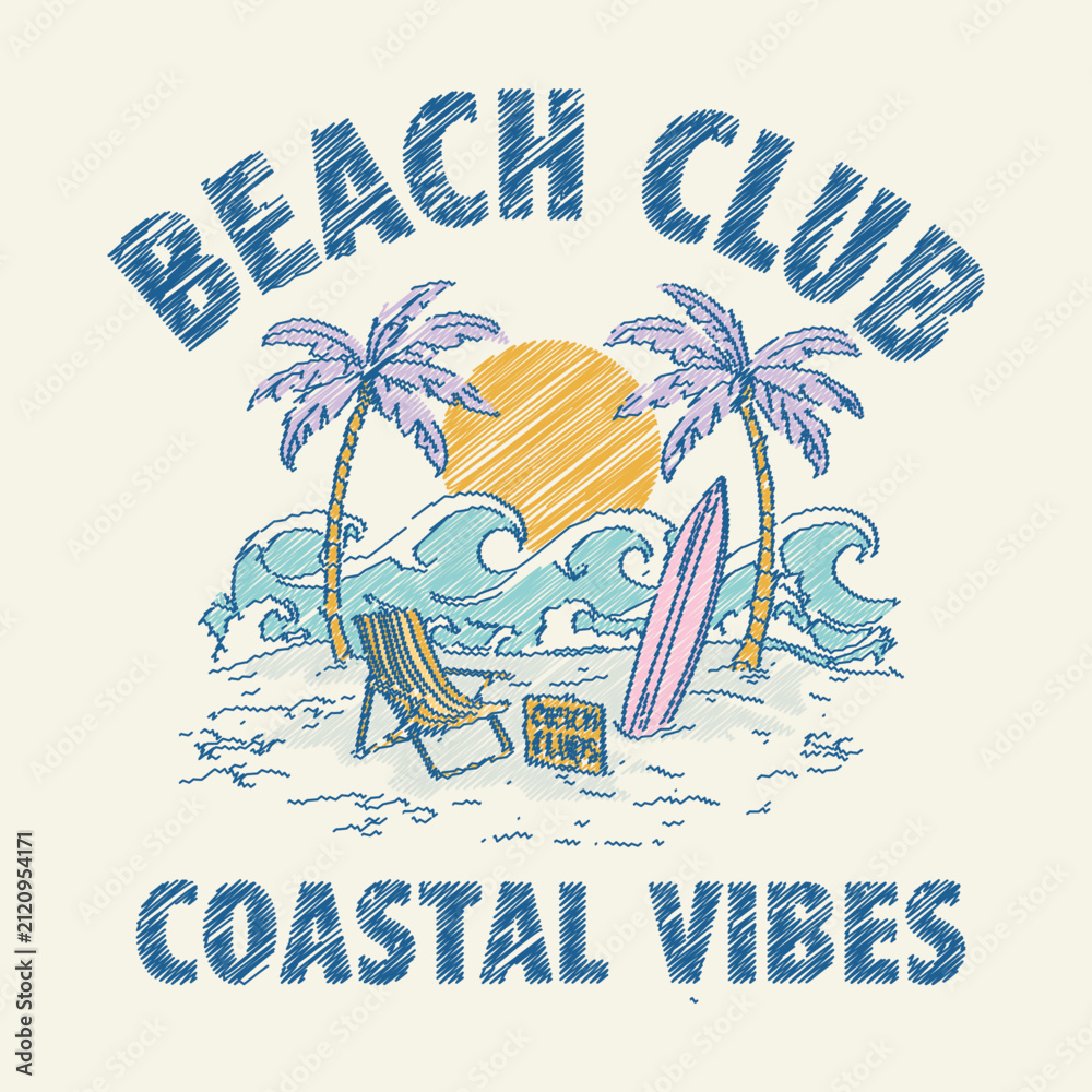 Fototapeta premium Beach club coastal vibes. Enjoy beach life. Endless summer artwork. Summer paradise. Summer vibes artwork. Palm tree. Beach vibes artwork for t shirt, poster, sticker and others.