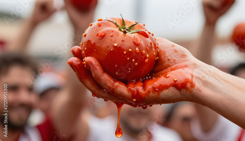 Macro shot of interlocked hands stained bright red from countless tomato throws, dripping tomato juice with seeds clinging to fingers, energetic La Tomatina festival in the soft-focus background