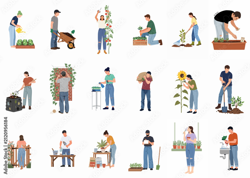Fototapeta premium Set of people gardening and taking care of plants, including harvesting, planting, watering, and maintenance activities in flat illustration style