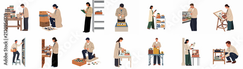 Canvastavla Set of flat vector illustrations depicting warehouse and archive workers cataloging, organizing, and packing various small items and artifacts in a professional workspace