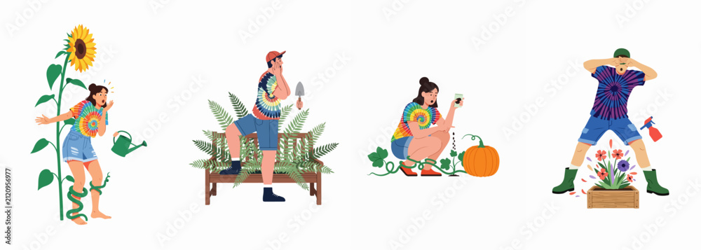 Fototapeta premium Funny illustrations of surprised gardeners in tie-dye shirts dealing with oversized, rapidly growing plants like sunflowers, pumpkins, and ferns.