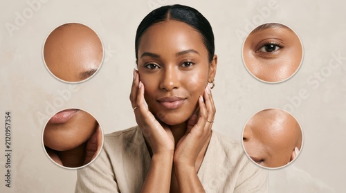Woman face with highlighted skin problem zones and closeup sections. Concept of dermatology diagnostics, skincare analysis, aesthetic medicine, and facial treatment design. Collage